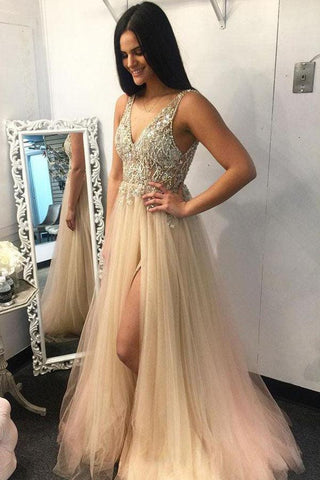 Elegant A Line V Neck Open Back Split Yellow Long Prom Dress PG716