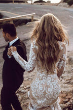 Elegantes Boho-Spitzen-Meerjungfrau-Brautkleid mit langen Ärmeln, Brautkleid, MW539