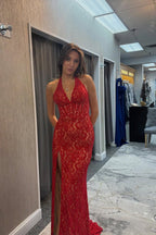 Elegant Halter Lace Applique Mermaid Red Prom Dress with Slit PSK702