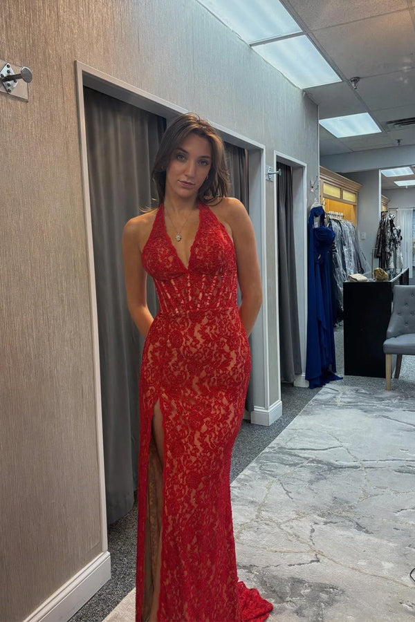 Elegant Halter Lace Applique Mermaid Red Prom Dress with Slit PSK702