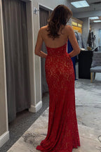 Elegant Halter Lace Applique Mermaid Red Prom Dress with Slit PSK702