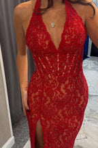 Elegant Halter Lace Applique Mermaid Red Prom Dress with Slit PSK702