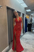 Elegante Vestido de Prom Rojo Tipo Sirena con Tirante al Cuello, Aplicaciones de Encaje y Abertura PSK702