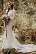 Elegantes Meerjungfrau-Brautkleid mit Rundhalsausschnitt, langen Ärmeln und Spitze