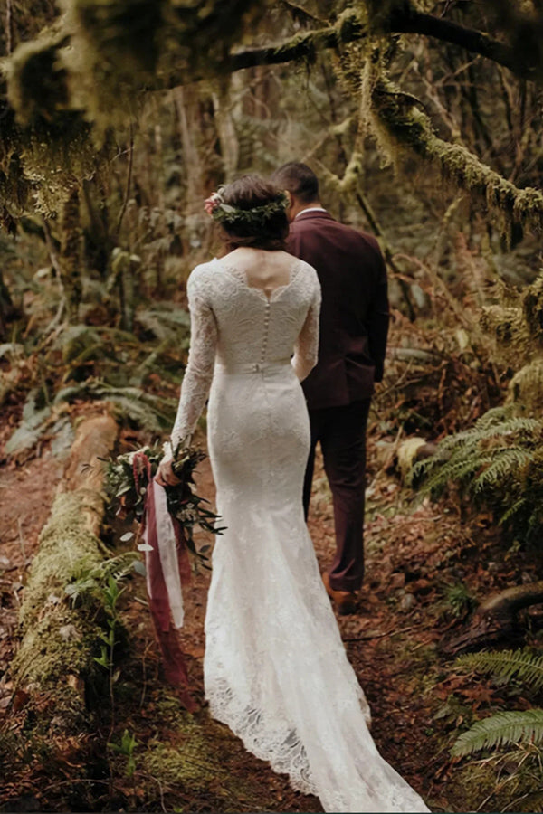 Elegantes Meerjungfrau-Brautkleid mit Rundhalsausschnitt, langen Ärmeln und Spitze