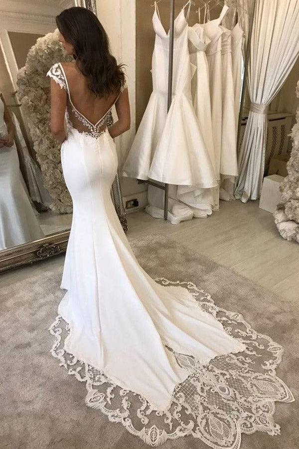 Vestido de noiva elegante em cetim, estilo sirena, com manga curta, decote em V e aplicações de renda