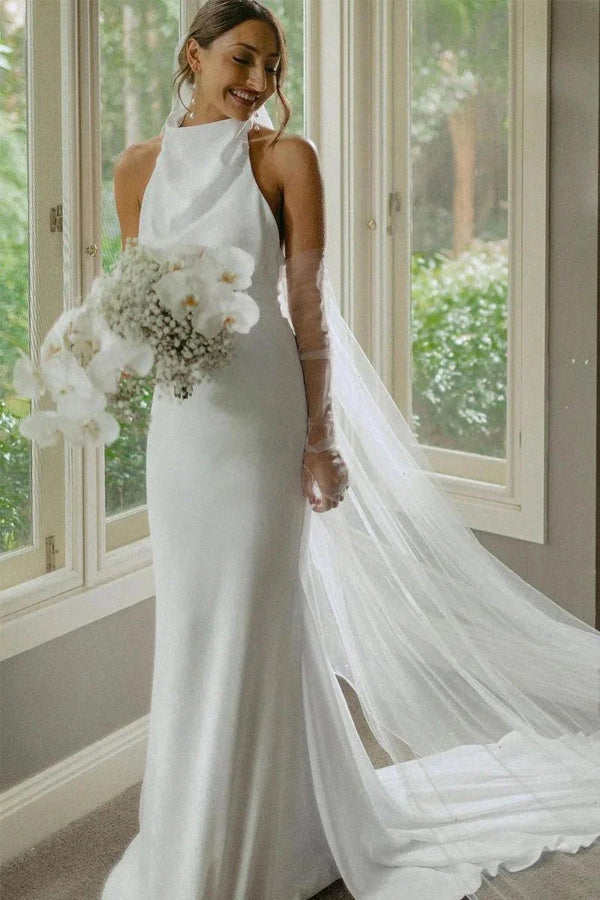 Elegantes schlichtes bescheidenes Meerjungfrau-Hochzeitskleid mit Halter, einfaches Brautkleid