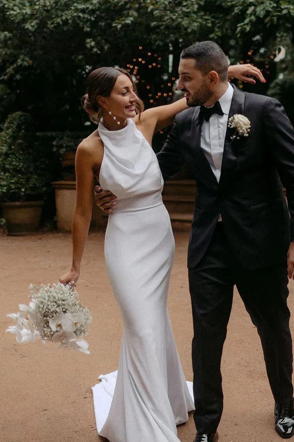 Elegantes schlichtes bescheidenes Meerjungfrau-Hochzeitskleid mit Halter, einfaches Brautkleid