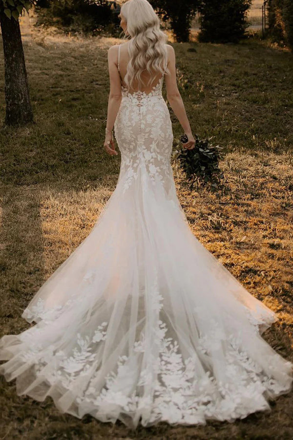 Elegantes Meerjungfrau-V-Ausschnitt-Spitzenlanges Brautkleid mit Applikationen