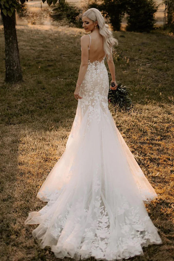 Elegantes Meerjungfrau-V-Ausschnitt-Spitzenlanges Brautkleid mit Applikationen
