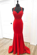 Elegante vestido de baile vermelho estilo sereia com aplicações PSK505