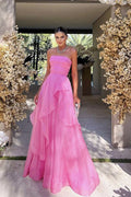 Robe de bal élégante sans bretelles à couches rose, robe de soirée formelle PSK538