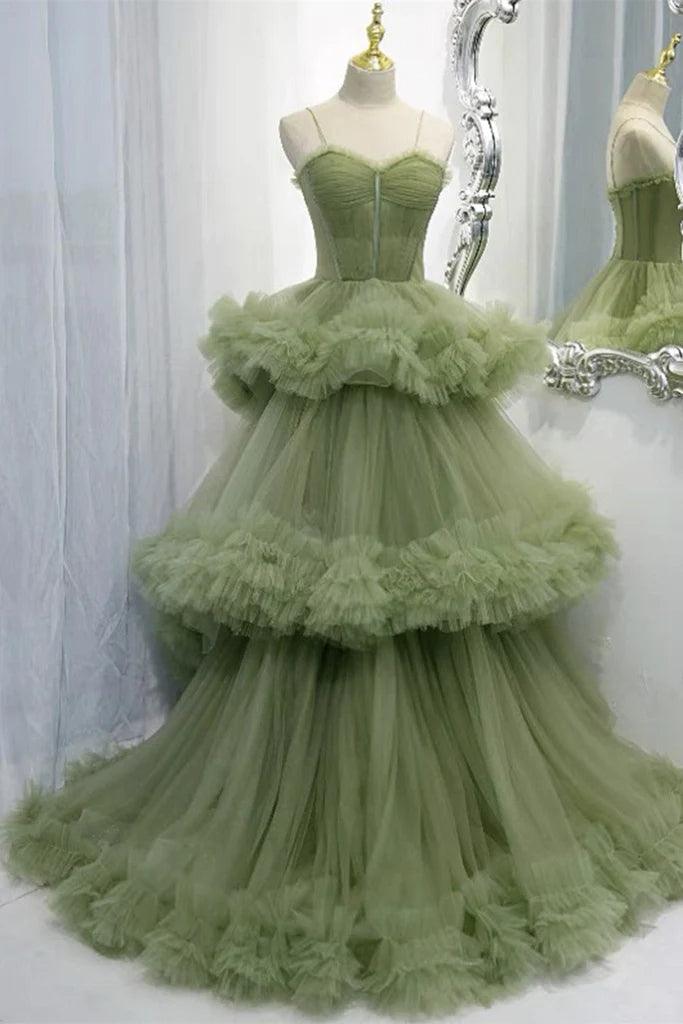 Vestido de festa elegante com alças plissadas e tule verde em camadas PSK417