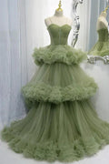 Abito da Ballo Elegante a Strati e Pieghettato in Tulle Verde con Spalline PSK417