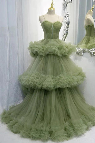 Elegant Straps Pleated Green Tiered Tulle Prom Dress PSK417