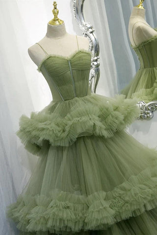 Elegant Straps Pleated Green Tiered Tulle Prom Dress PSK417