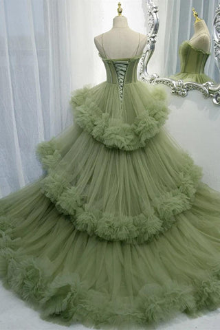 Elegant Straps Pleated Green Tiered Tulle Prom Dress PSK417