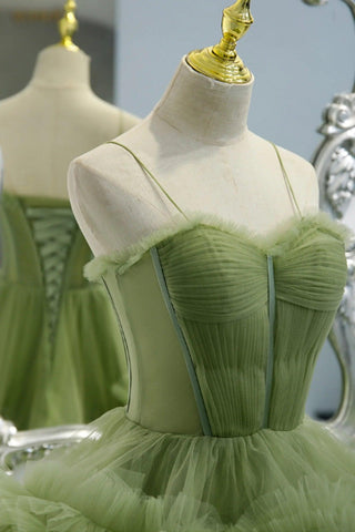 Elegant Straps Pleated Green Tiered Tulle Prom Dress PSK417