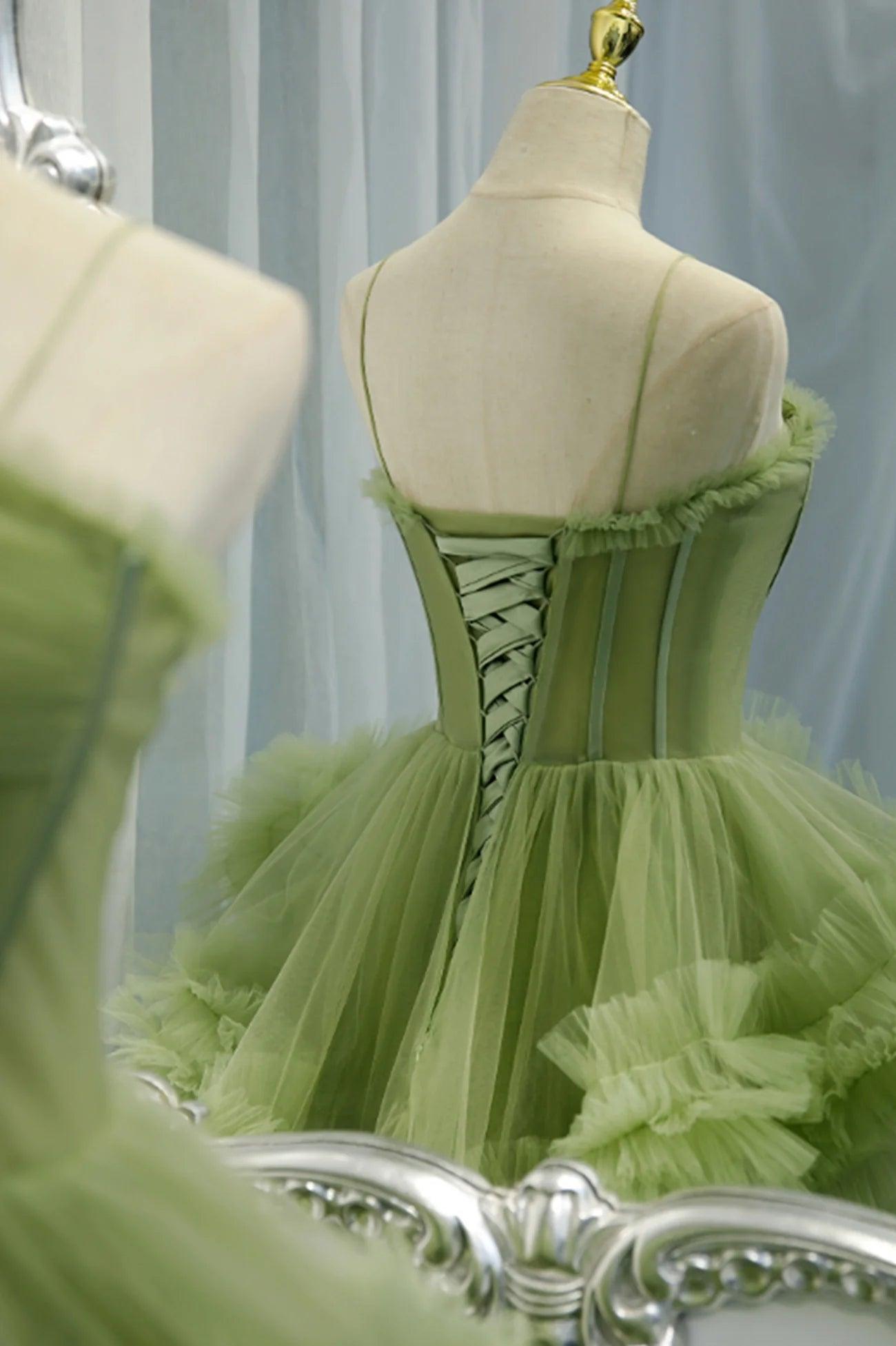 Vestido de festa elegante com alças plissadas e tule verde em camadas PSK417