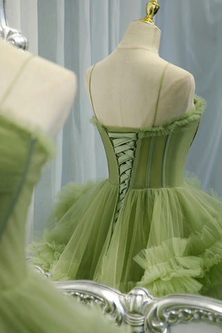 Elegant Straps Pleated Green Tiered Tulle Prom Dress PSK417