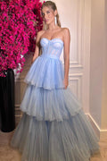 Robe de bal longue en tulle à décolleté cœur et jupe évasée à étages élégante PSK390