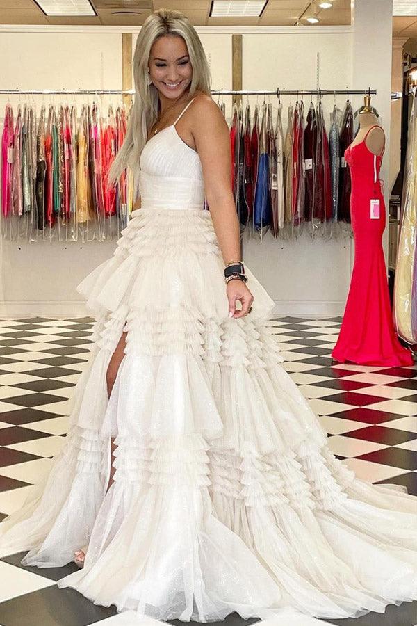 Vestido de baile comprido em tule, elegante, decote em V, racha lateral, camadas, PSK392