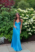 Elegante vestido de fiesta largo azul sirena con escote en V y tirantes finos PSK714