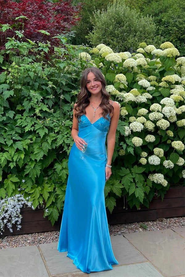 Elegant V-neck Spaghetti Memriad Blue Long Prom Dress PSK714