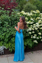 Elegant V-neck Spaghetti Memriad Blue Long Prom Dress PSK714