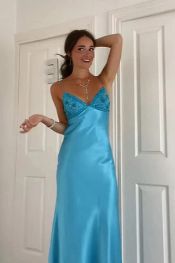 Elegant V-neck Spaghetti Memriad Blue Long Prom Dress PSK714
