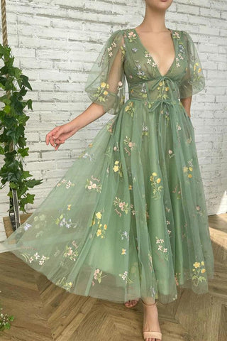 Teelanges, halblanges grünes Ballkleid mit kurzen Ärmeln, Partykleid PSK362