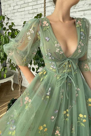 Teelanges, halblanges grünes Ballkleid mit kurzen Ärmeln, Partykleid PSK362