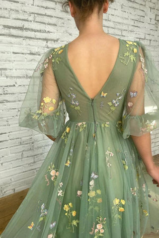 Teelanges, halblanges grünes Ballkleid mit kurzen Ärmeln, Partykleid PSK362