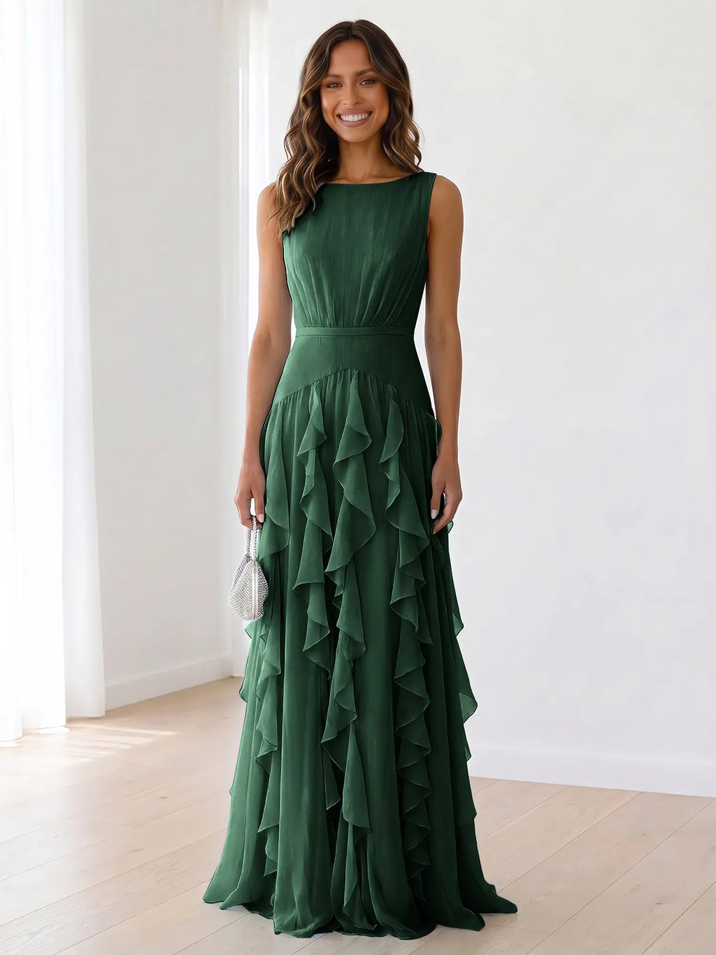 Sleeveless Tiered Chiffon Maxi Evening Gown with Ruched Bodice
