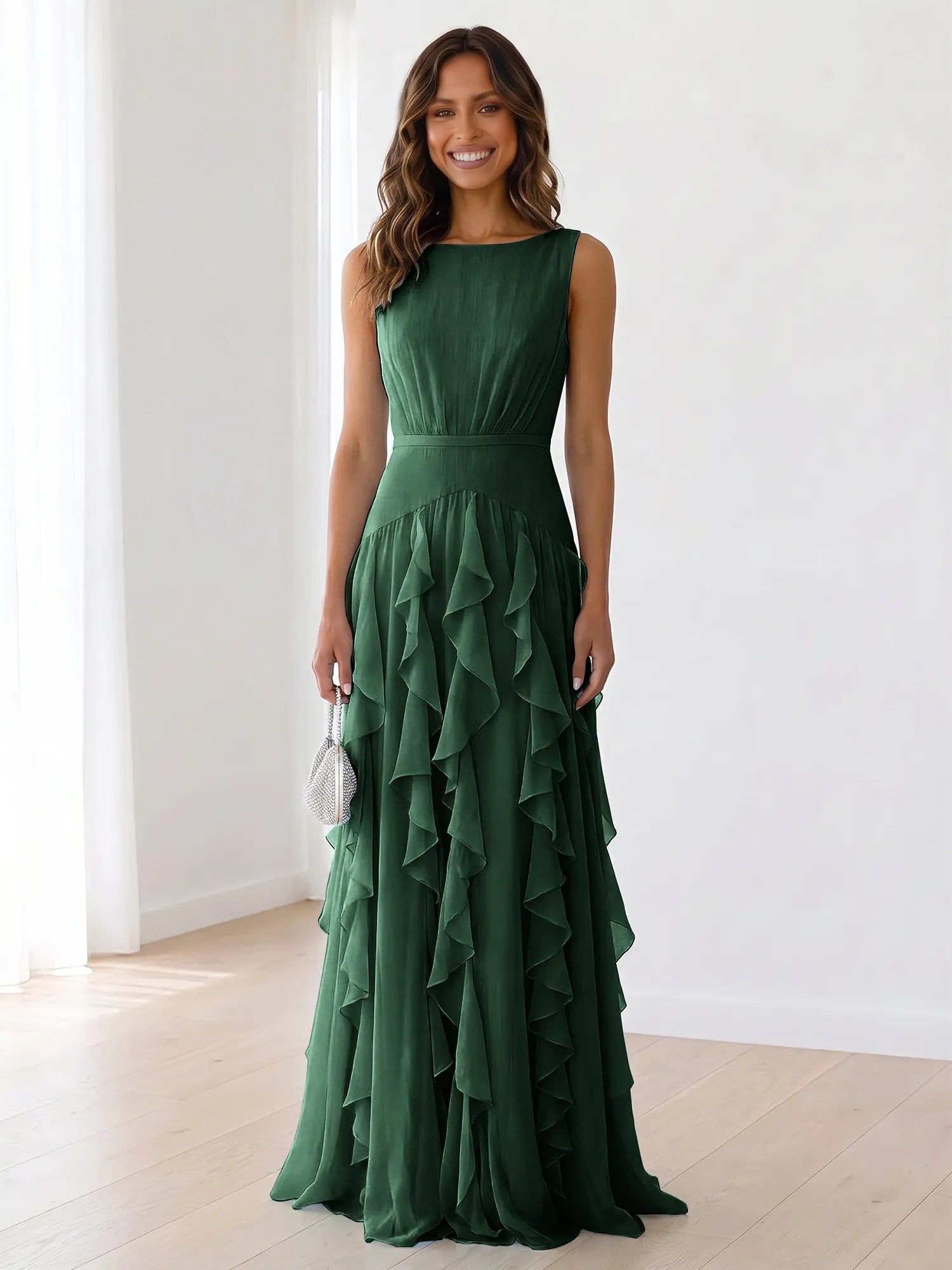 Sleeveless Tiered Chiffon Maxi Evening Gown with Ruched Bodice