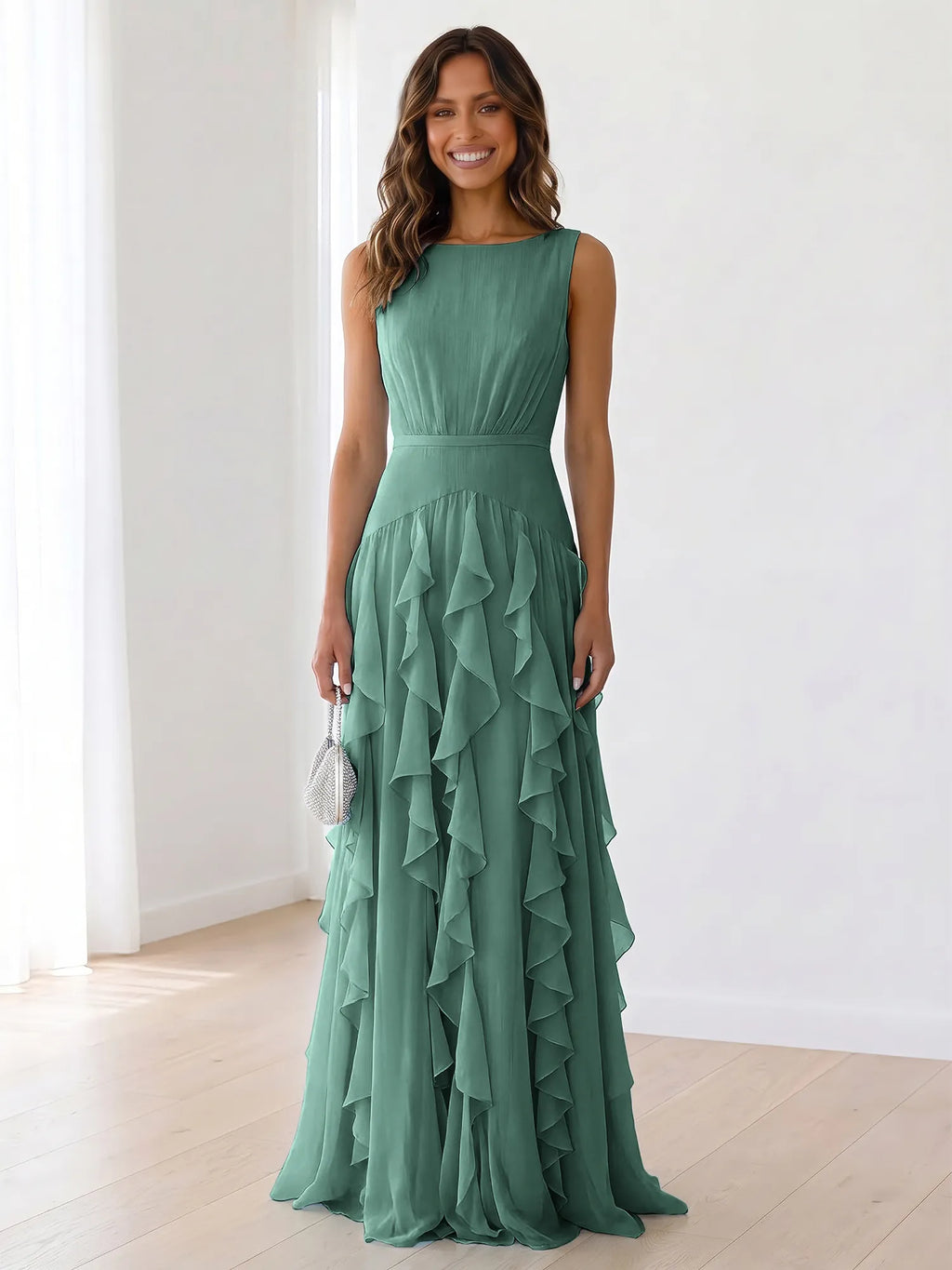 Sleeveless Tiered Chiffon Maxi Evening Gown with Ruched Bodice