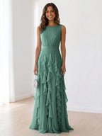 Sleeveless Tiered Chiffon Maxi Evening Gown with Ruched Bodice
