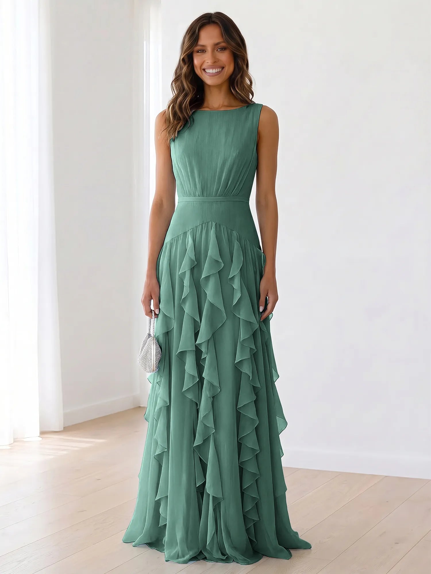 Sleeveless Tiered Chiffon Maxi Evening Gown with Ruched Bodice