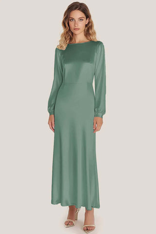Dusty Sage Satin Neck A-Line Long Scoop Formal Dress with Sleeves