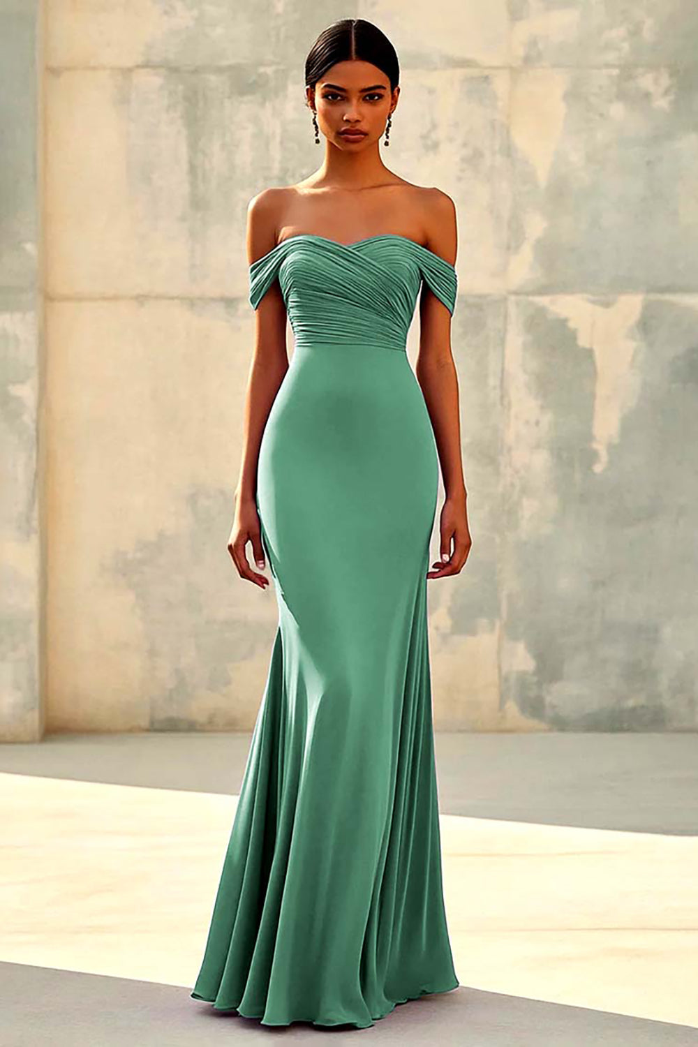 Vestido longo formal em chiffon com decote em V e decote em V, estilo sereia Dusty Sage