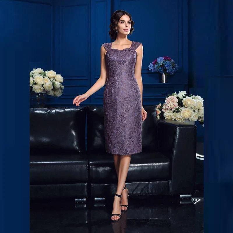 Vestidos para a mãe da noiva em chiffon com renda requintada, comprimento até ao joelho, bainha sem mangas e casaco