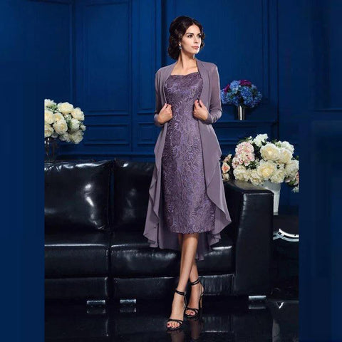 Kleider für die Brautmutter, exquisites Chiffon-Spitzenkleid, knielang, ärmellos, mit Jacke