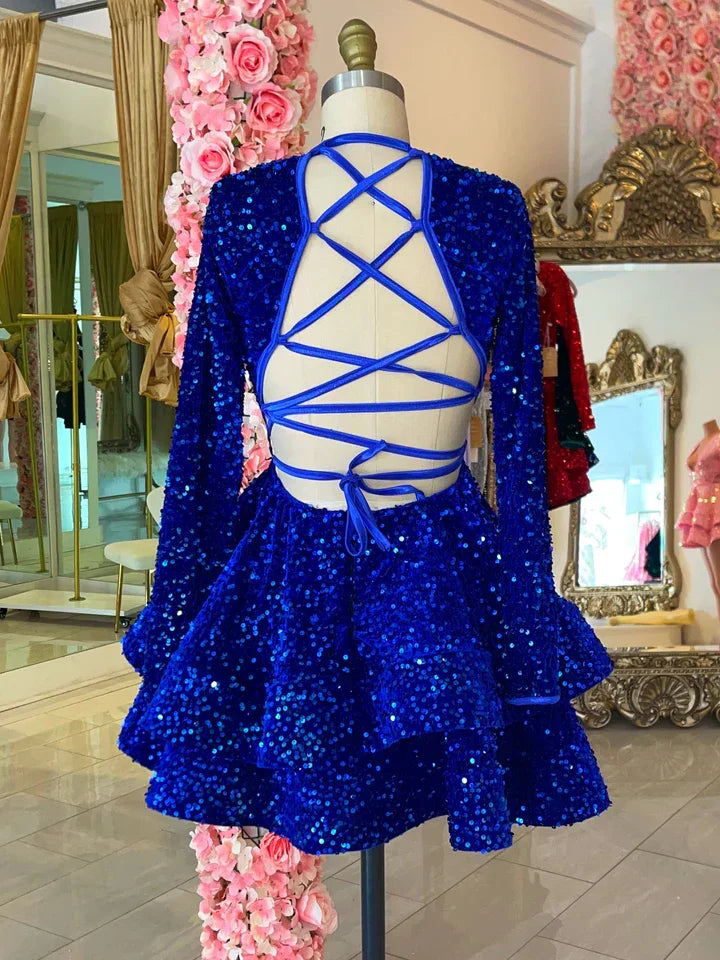 Königsblau Pailletten Homecoming-Kleid Rückenfreies Homecoming-Kleid Y2152