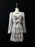 Niedliches silbergraues Tüll-A-Linien-Kurz-Partykleid mit Schleife, geschichtet, Homecoming-Kleid Y8651