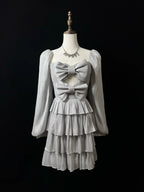 Niedliches silbergraues Tüll-A-Linien-Kurz-Partykleid mit Schleife, geschichtet, Homecoming-Kleid Y8651