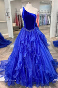 Belinda | Top in Velluto Blu Reale con Balze e Spalla Scoperta, Abito Lungo da Cerimonia
