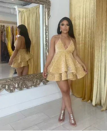 Vestido corto de cóctel negro sexy y brillante con espalda abierta y capas de lentejuelas para graduación, fiestas y noche, Vestido de regreso a casa negro Y1504