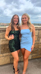 Hellblaues Homecoming-Kleid mit Spaghettiträgern und Rüschen Y2657