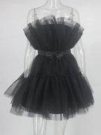 Vestido de tul princesa mini para mujer con volantes de malla para fiesta, baile de graduación, boda, tutú hada, negro, vestido de homecoming Y512