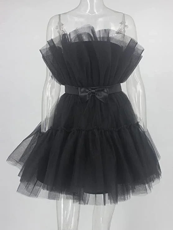 Vestido de tul princesa mini para mujer con volantes de malla para fiesta, baile de graduación, boda, tutú hada, negro, vestido de homecoming Y512